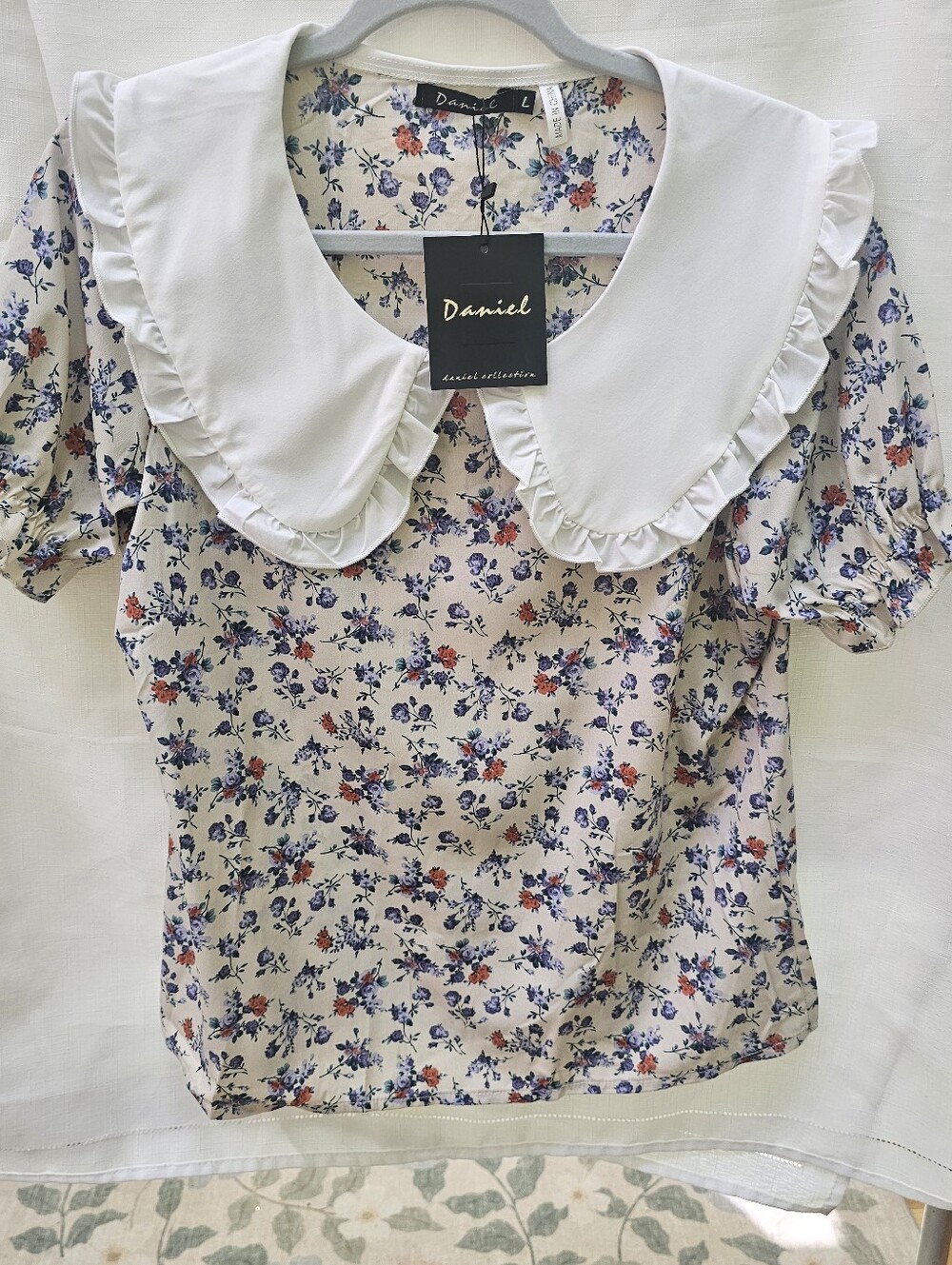 NWT Daniel Collection Floral Puff Sleeve Peter Pan Statement Collar Top Large